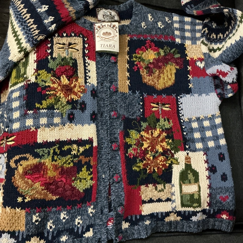 Tiara International Cardigan Women Colorful Patchwork Cottagecore XL 2001 Vntg